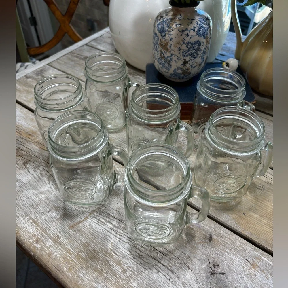 7 Vintage Anchor Hocking Mug Glasses. Golden Harvest Mason Cornucopia 5.25”